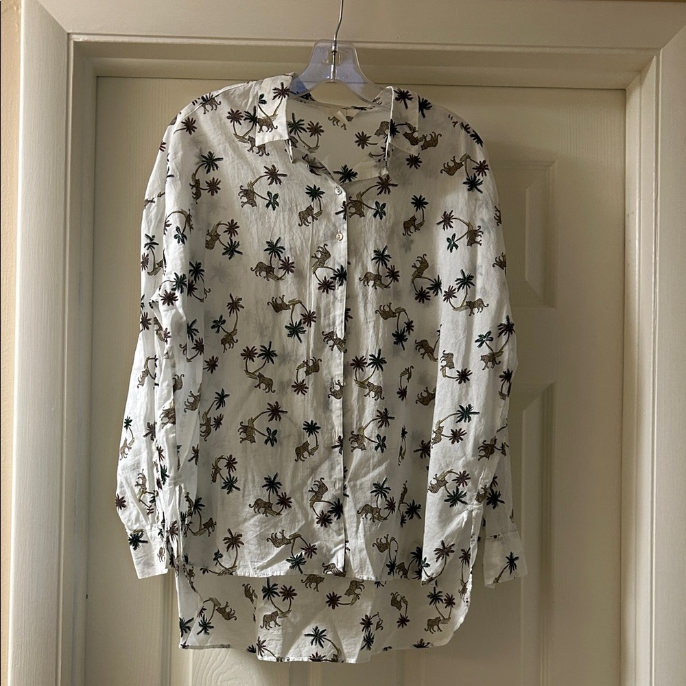 Palm Print Button-Up Shirt in White with Brown & Black Accents
